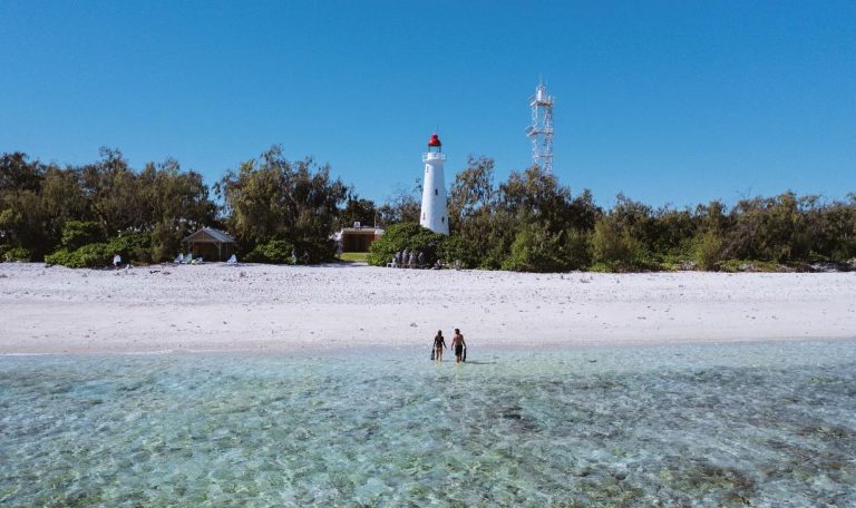 Snorkellers on Lady Elliot Island with the distinguishable Lighthouse. Photo credit Tourism and Events Queensland.